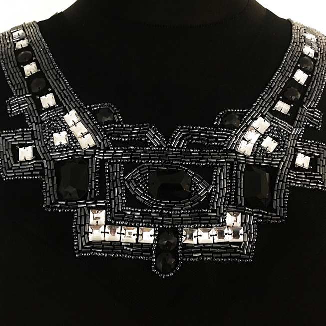 Beaded Black/ Silver Net Neckline